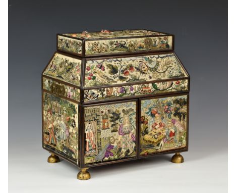 Leonora Jenner - revival of 17th century needlework - An embroidered (stumpwork) casket, 20th century, of typical form with s