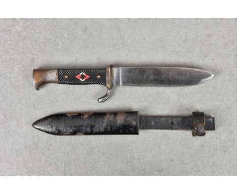 Guernsey German Occupation interest - A German Third Reich Hitler Youth Knife, the single edge steel blade stamped with Halba