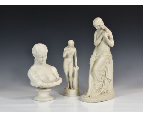 A Copeland porcelain Parian ware figure of a Classical maiden, titled 'INNOCENCE' with dove sat upon rock, modelled by J. H. 