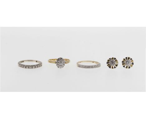 Two 18ct gold and diamond rings, comprising a cluster ring, size K; and a half eternity ring with nine brilliant cut diamonds