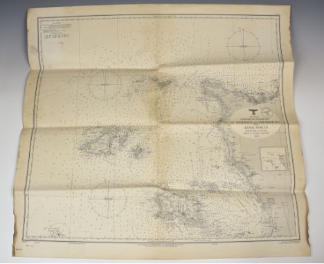 A rare German Kriegsmarine map of the Channel Islands depicting all of the Islands and the French coast, with original docume