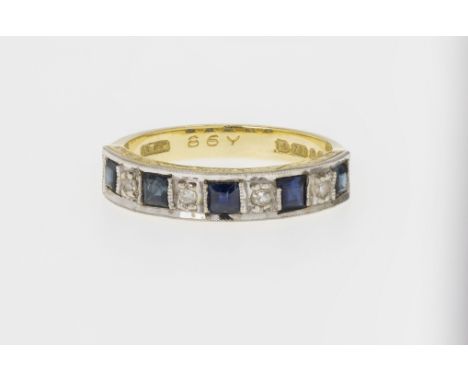 A vintage 18ct yellow gold, sapphire and diamond half eternity ring, set with alternate square cut sapphires and single cut d