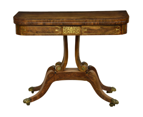 A George IV rosewood, coromandel and brass D-shaped card table, in the manner of William Trotter of Edinburgh, the coromandel