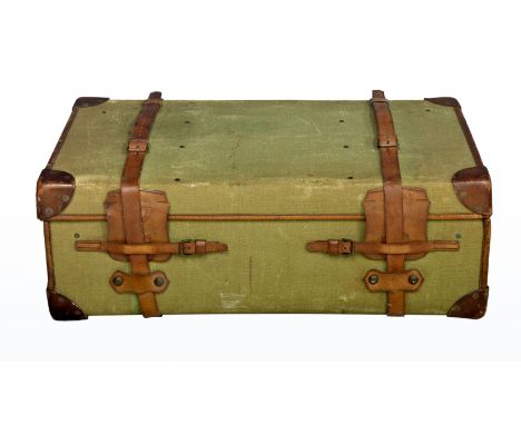 A green canvas and leather travelling trunk, early 20th century, by Drew &amp; Sons Piccadilly Circus, stencilled 'J.C.' to b