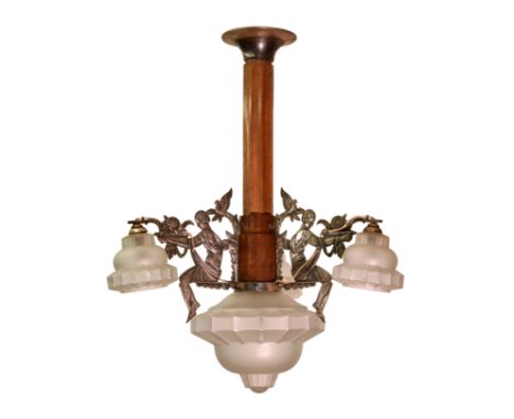 attributed to Hector Guimard (French, 1867-1942) - an unusual Art Deco ceiling light, the wooden ribbed cylindrical column wi