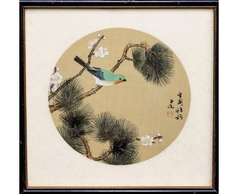 A pair of Chinese watercolour on silk paintings of birds, mid-20th century, the birds perched on pine branches amidst prunus 