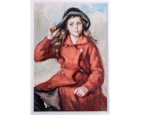 K. Mayor (British, early 20th century), Portrait of a young girl in a red coat watercolour, signed and dated 'K. Mayor 1912' 