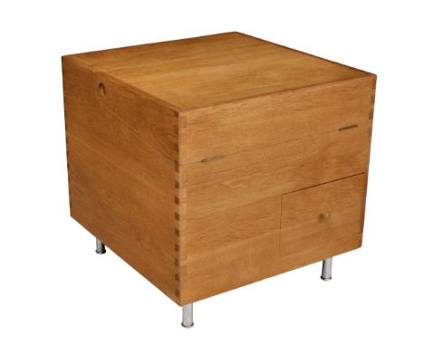 Hans Wegner - an oak Cube Bar, the three quarter hinged top opening to a divided compartment with a single pull out drawer, o