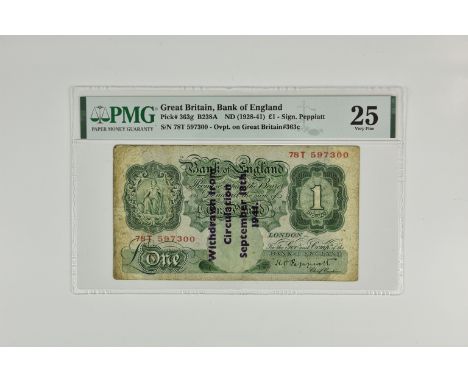 BRITISH BANKNOTE - The States of Guernsey OVERPRINT - Bank of England One Pound overprint - German Occupation interest, green