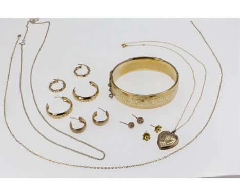 A small collection of gold earrings, five pairs (one pair a/f); together with a 9ct heart locket and chain; a 9ct gold chain 