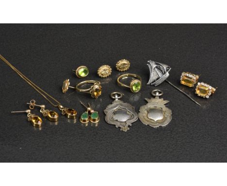 A collection of 9ct gold and silver jewellery, to include a pair of 9ct gold, citrine and CZ earrings, a pair of 9ct gold stu