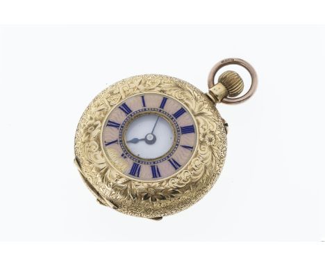 A Swiss 18ct gold and pink enamel half hunter ladies fob watch, late 19th / early 20th century, fob wind gilt lever movement,