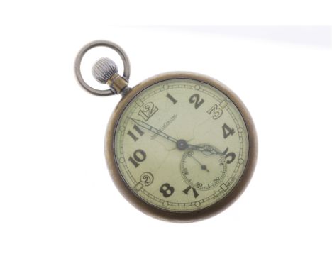 A WW2 period military issue open face pocket watch by Jaeger LeCoultre, nickel plated 50mm. case, fob wind, dial and gilt lev