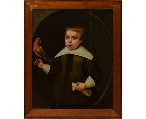 Anglo Dutch School, 1640, Portrait of a Young Boy with a Parrot oil on a chamfered joined oak panel, inscribed with the boy's