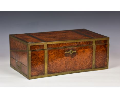 A 19th century campaign burr walnut veneered brass bound writing slope, the lock stamped ' E TURNER', inset brass carrying ha