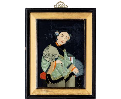 20th century Chinese School, A portrait of a young lady with a fan, reverse painting on glass, unsigned, 19¾ x 13¾in. (50.25 