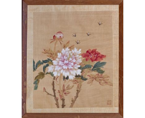 A Chinese watercolour silk painting, 20th century, of bees and peony flowers, signed with red seal mark, 13½ x 11in. (34.25 x