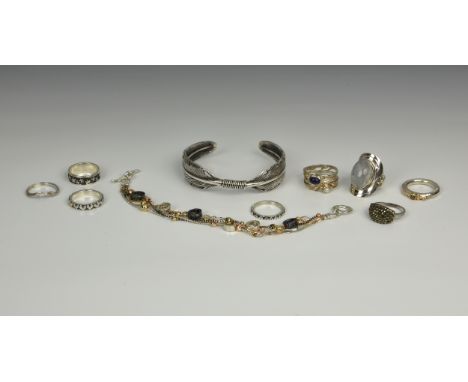 A collection of silver jewellery, to include a silver 'feather' bangle, silver and gold plated bracelet and eight assorted si