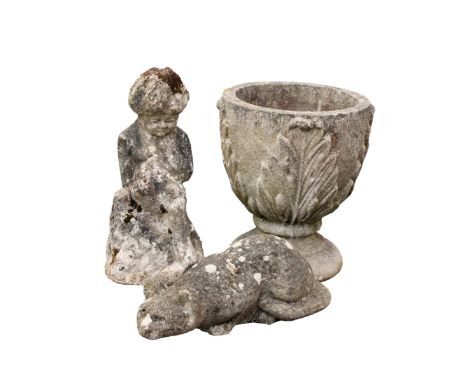 A composite stone pedestal garden planter, with stylised foliate motifs, 13in. (33cm.) high, together with a well weathered c