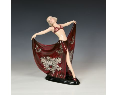 A Joseph Lorenzl (Austrian, 1892-1950) for Goldscheider Art Deco porcelain dancer, model 7582, depicting a dancer in a split 