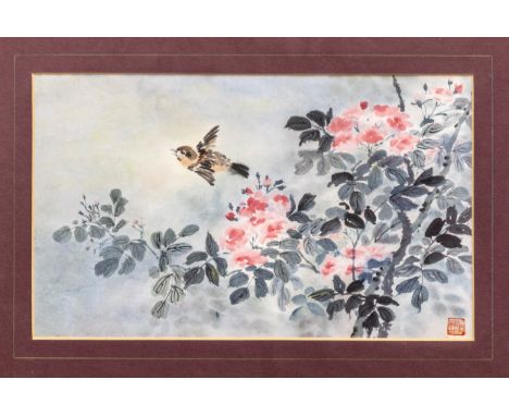 A Chinese watercolour of a bird in flight over pink roses, mid-20th century, on wove paper, signed with red seal mark lower r