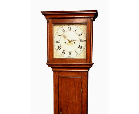 A late 18th century oak longcase clock - possibly Channel Islands, the eight day bell strike movement scratch engraved to the