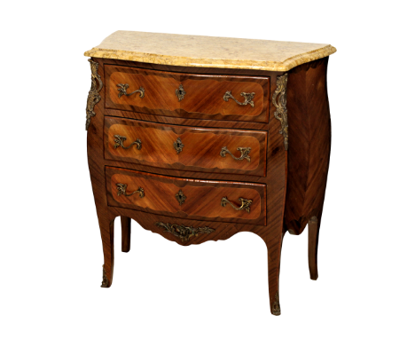 A French Louis XV style bombe commode, early 20th century, of small proportions, the serpentine golden marble top over three 