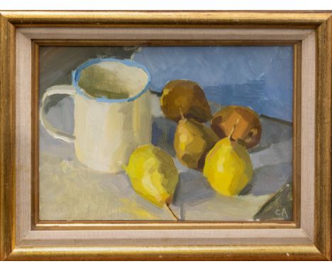 Christopher Aggs RBA (b.1952), Still life of pears and enamel mug oil on board, signed lower right with initials CA, inscribe