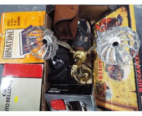 A good mixed lot to include a good quality glass and brass ceiling light, a Binatone TV Mark 6 Master, vintage cameras, board