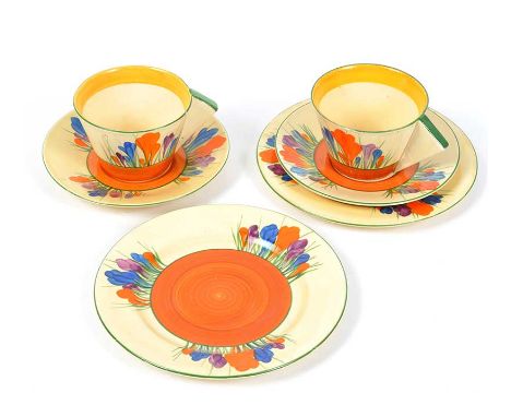 CLARICE CLIFF CROCUS PATTERN TEA SET  18 PIECES - 6 CUPS, 6 SAUCERS, 6 PLATES PERFECT CONDITION