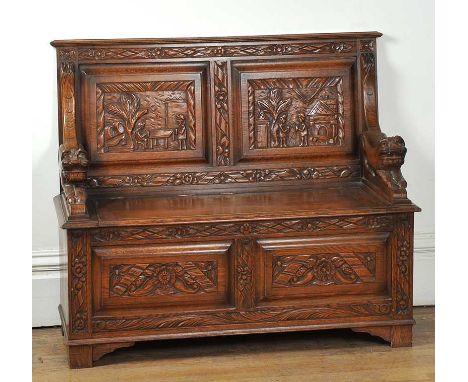 VICTORIAN CARVED OAK MONKS BENCH WIDTH 47 INCHES HEIGHT 40 INCHES DEPTH 17 INCHES