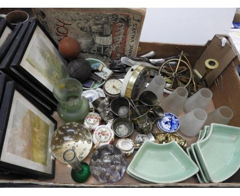 Box of Misc - Alarm Clock, Brassware, Pictures etc 
