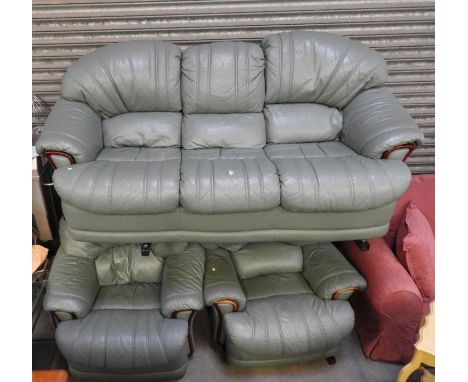 Green Leather Three Seater Sofa with 2x Matching Armchairs 