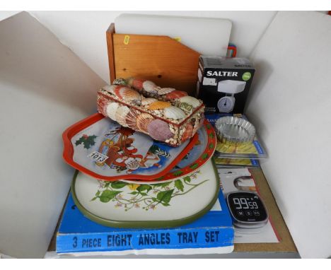 Christmas Tray, Chopping Boards and Salter Scales etc 