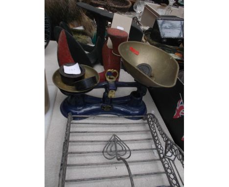 3 hobbin irons, wirework tray and a pair of brass and metal Salter scales with iron and brass weights