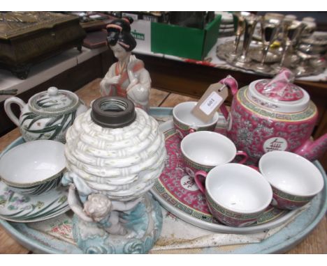 Selection of mixed oriental ware incl. a pink ground 6 piece tea set with plate, Geisha Girl ornament, lamp holder etc.