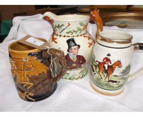 Crown Devon Fielding hunting scene water jug with fox handle and 2 musical ale mugs each depicting hunting scenes