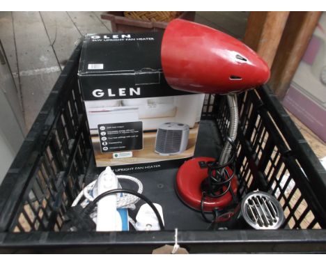 Electrical items incl. flat iron, hairdryer, table lamp and an unused boxed Glen fan heater