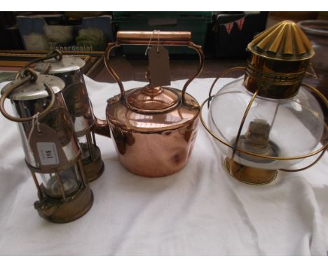 Pair of plated and glass miners lamps ex. Protector and lighting company Ltd of Eccles, copper kettle and a brass oil lamp wi