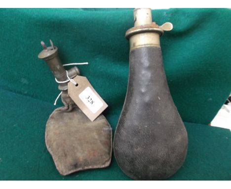 Plated and leather musket flask and another with contents