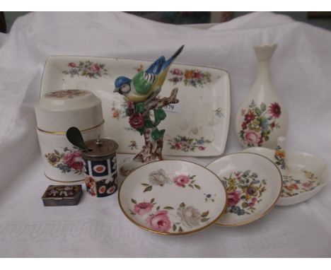 Selection of dressing table pieces from popular factories incl. Worcester, Coalport, Aynsley china a Blue Tit bird ornament, 