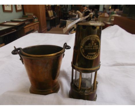 Brass miners lamp ex. The Protector Lamp and Lighting Company of Eccles and a brass pail