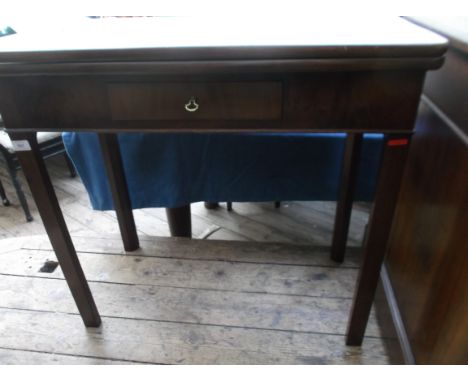 Mahogany rectangular topped fold over double gate legged tea table fitted single drawer with brass handle (31" x 31" when ful