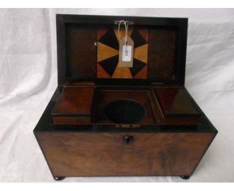 AN OUTSTANDING INLAID GEORGIAN TEA CADDY BOX, THE INTERIOR FITTED 2 PULL OUT COMPARTMENTS INLAY IN MIXED WOODS ALL ON BUN FEE
