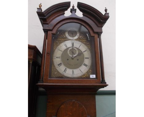 18TH CENTURY LONG CASED CLOCK IN HOODED OAK CASE WITH BRASS FINIALS EX. HINDLEY OF YORK, THE STEEL AND BRASS FACE INSET 3 DIA