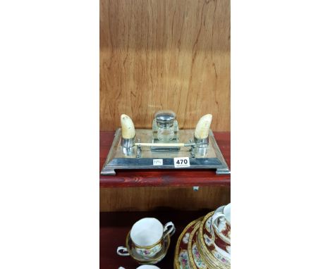 ANTIQUE INKWELL WITH MOUNTED WHALES TOOTH 