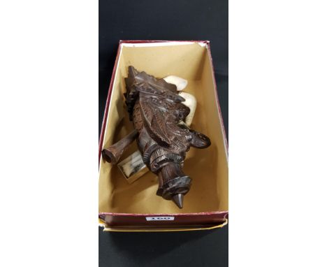 LARGE WOODEN CHINESE DRAGON SMOKING PIPE AND 5 CLAY SMOKING PIPES