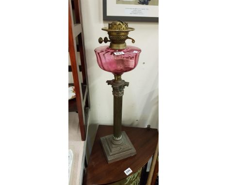 CORINTHIAN PILLAR OIL LAMP RUBY BOWL