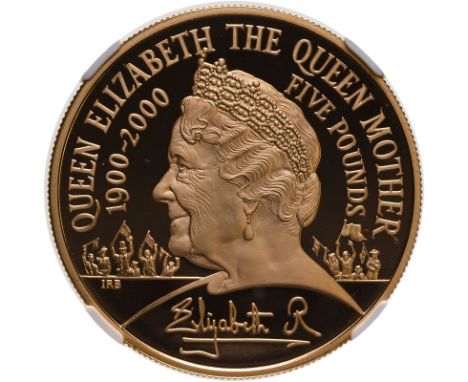 UNITED KINGDOM. Elizabeth II, 1952-2022. Gold 5 pounds (crown), 2000. Royal Mint. Proof. Celebrating the 100th birthday of Qu
