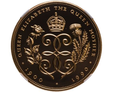 UNITED KINGDOM. Elizabeth II, 1952-2022. Gold 5 pounds (crown), 1990. Royal Mint. Proof. Celebrating the 90th birthday of Que